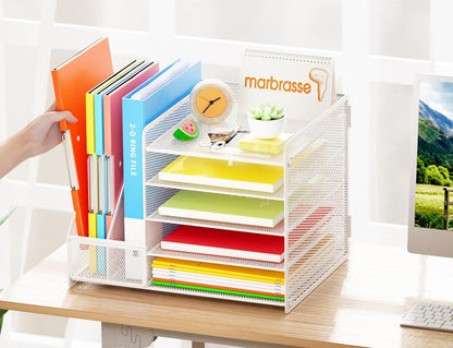 Marbrasse Desk Organizer with File Holder, 5-Tier Paper Letter Tray Organizer with Drawer and 2 Pen Holder, Mesh Desktop Organizer and Storage with Magazine Holder for Office Supplies(Black)