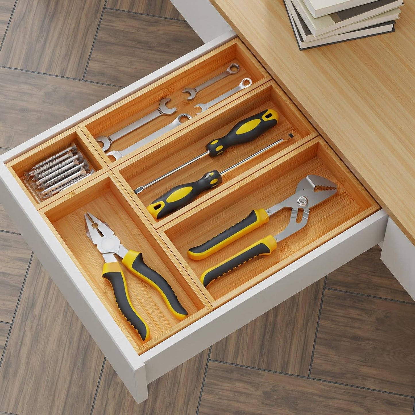 Bamboo Drawer Organizer Boxes, 5 PCS Junk Drawer Organizer, Wooden Storage Trays for Kitchen, Bathroom, Office, Makeup