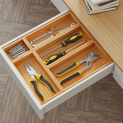 Bamboo Drawer Organizer Boxes, 5 PCS Junk Drawer Organizer, Wooden Storage Trays for Kitchen, Bathroom, Office, Makeup