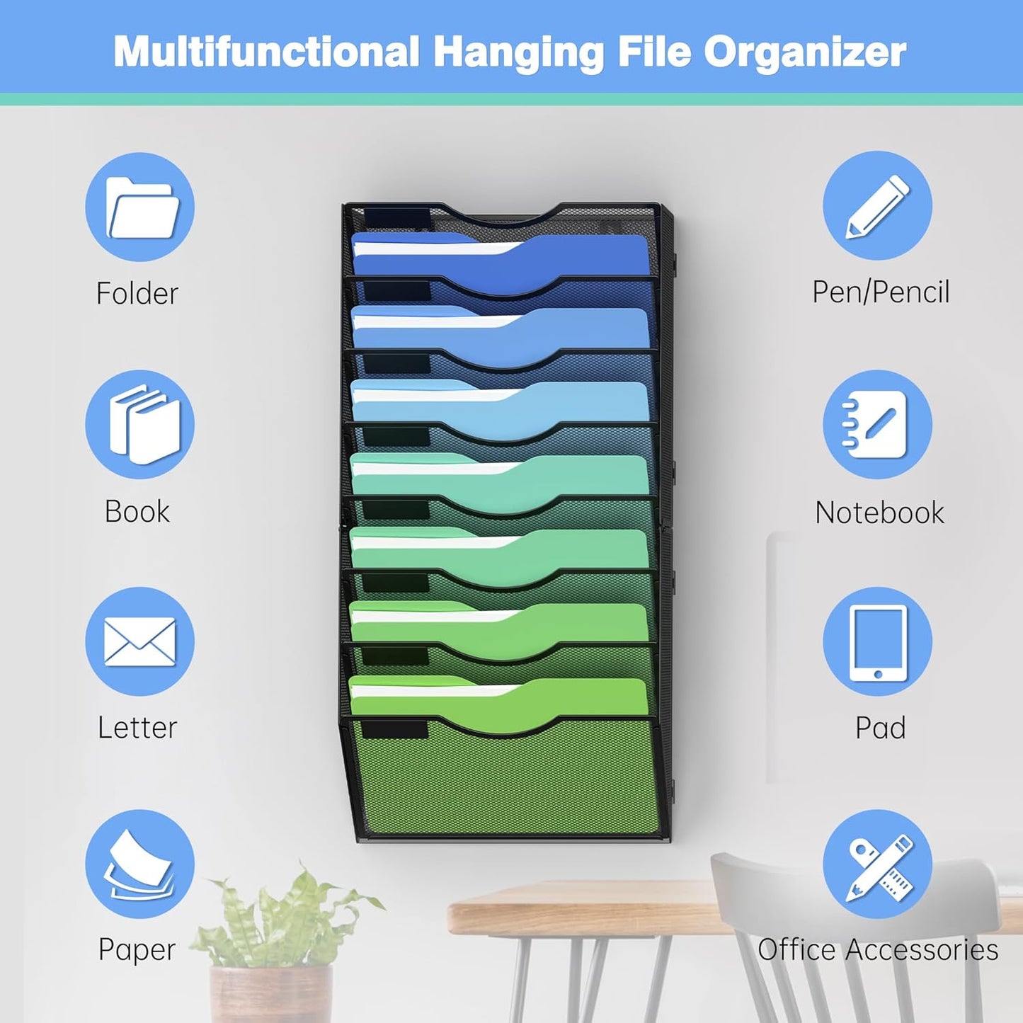 Kuntine.B Wall File Organizer Office Hanging Magazine Holder Wall File Organizer for Office Home (Black, 5 Tier)