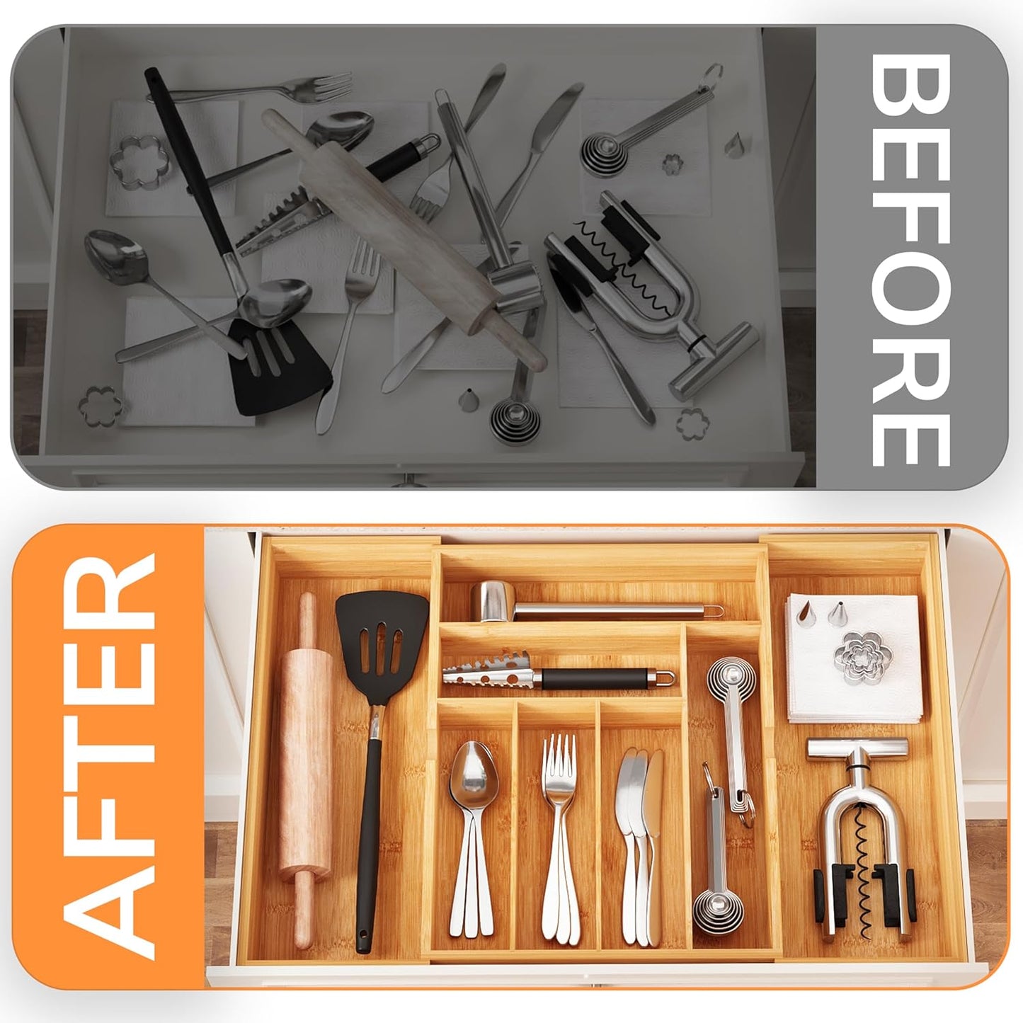 BAMEOS drawer organizer flatware organizer cutlery tray silverware organizer expandable adjustable bamboo drawer organizer kitchen bathroom