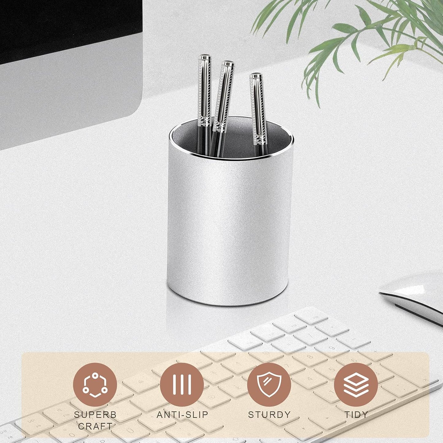 Vaydeer Metal Pen Holder Aluminum Pencil Holder for desk, Round Desktop Organizer and Black Pencil Cup for Office, School, Home and Stationary Supplies (3.15 x 3.15 x 3.94 Inches)