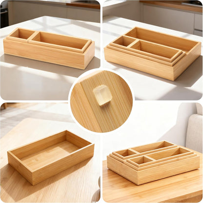 Bamboo Drawer Organizer Set, 5 PCS Multi-Use Individual Wood Storage Organizers, Junk Drawer Divider and Storage Trays Containers for Kitchen, Bathroom, Office Desk, Makeup, Jewelry, Utensils