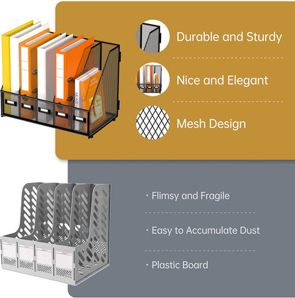 DALTACK 5 Vertical Compartments Magazine File Holder, Binder Organizer, Metal Desk Organizers for Office Home School Classroom Organization, Black
