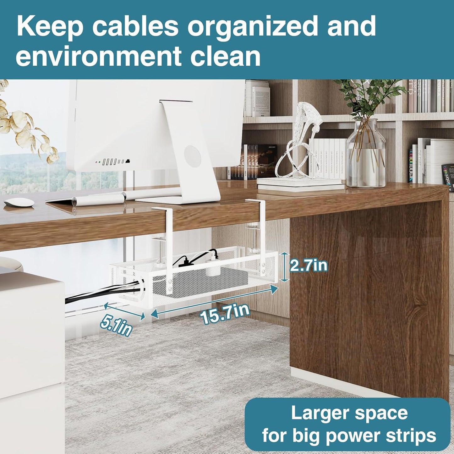 No Drill Under Desk Cable Management Tray, SONATURE 15.7" Cord Organizer for Table, Clamp Mount Desk Cable Management, Premium Carbon Steel Cable Organizer for Office, Home (Black)
