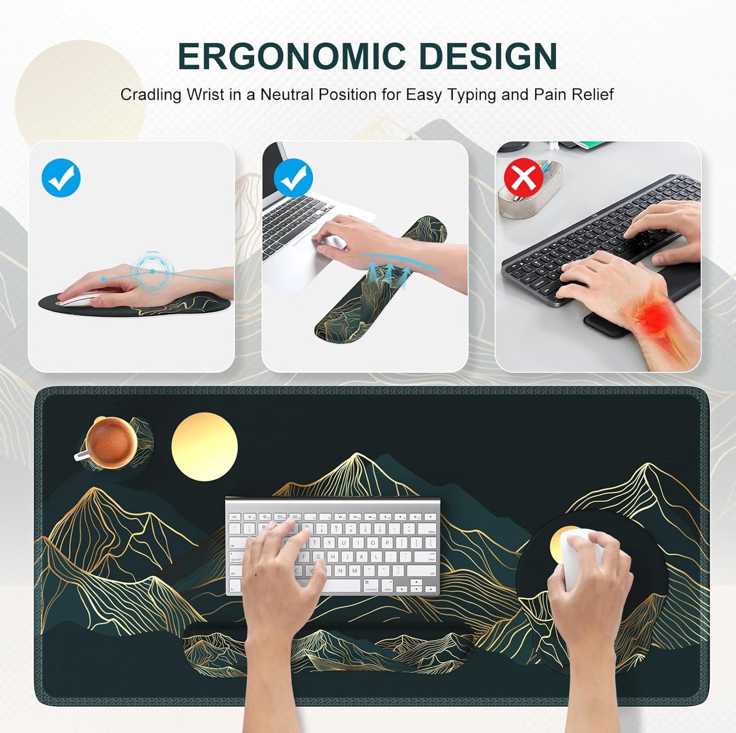 iCasso Desk Mat, Gaming Mouse Pad Wrist Support Set,4in1 XXL Large Mousepad + Keyboard Wrist Rest+Mouse Wrist Rest+Coaster Set with Ergonomic Design for Home Office Table Computer-Penoy