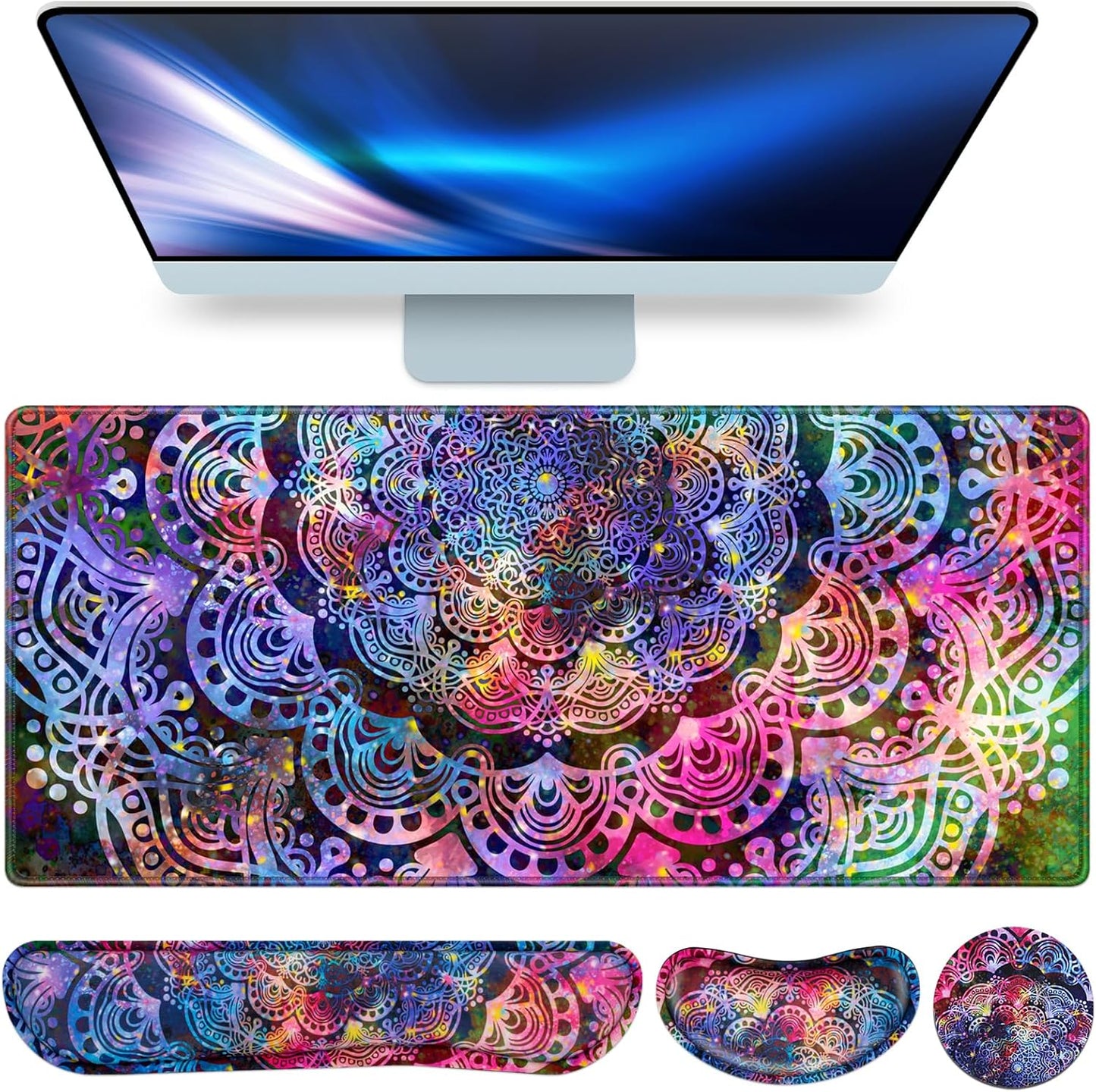 Desk Mat, Large Gaming Mouse Pad with Wrist Rest, 4in1 XXL Mousepad+Keyboard Wrist Rest+Mouse Pad Wrist Support+Cup Coaster Set Ergonomic Floral Computer Desk Arm Wrist for Decor Home Office Women