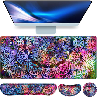 Desk Mat, Large Gaming Mouse Pad with Wrist Rest, 4in1 XXL Mousepad+Keyboard Wrist Rest+Mouse Pad Wrist Support+Cup Coaster Set Ergonomic Floral Computer Desk Arm Wrist for Decor Home Office Women