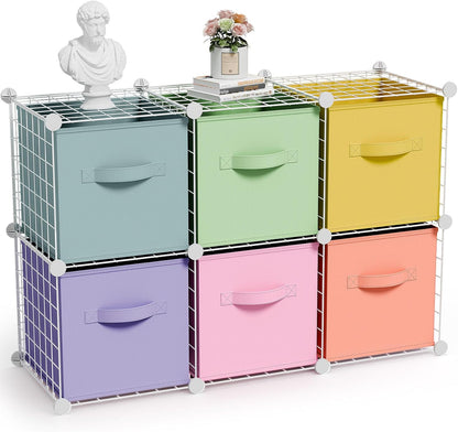 Leinuosen 6 Cube Storage Organizer with Fabric Bins, Wire Grid Stackable Shelves, Modular Storage Units for Bedroom Living Room Office Toys Book Craft(Black,Gray)