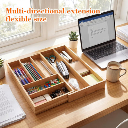 Bamboo Sliding Desk Drawer Organizer 8.2'' up to 16.4'' x 14.4'' x 2.2'' Expandable Office Desk Accessories Supplies Tray with 7 Compartments for Pens, Notebooks, Rulers, and Makeup Jewelry Vanity