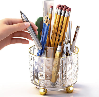 GOTOBA Dark Green Pen Pencil Holder for Desk, 360° Rotating Pen Organizer, Green Office Supplies, Cute Pen Holder, 6-Compartment Pencil Holder Rotating