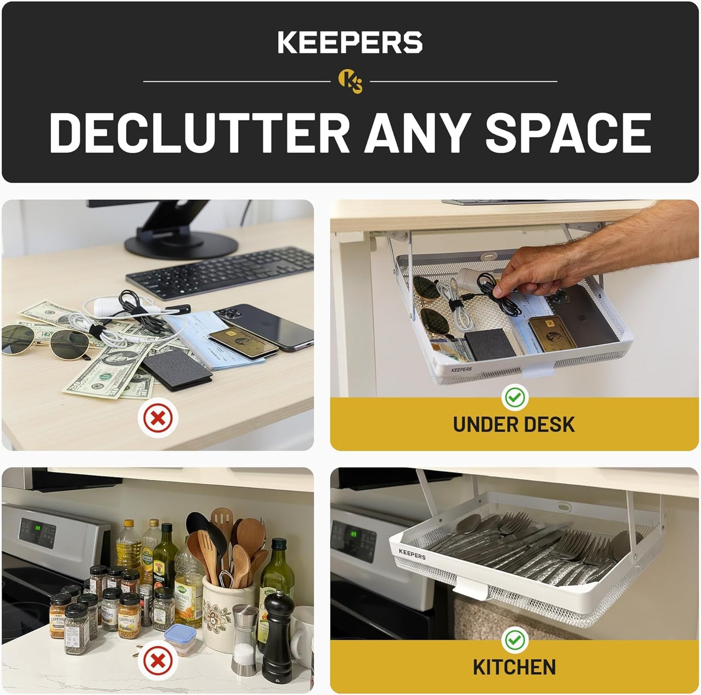 KEEPERS - Under Desk Drawer Slide Out – Metal Under Desk Storage Drawer for Office, Home, RV, Kitchen – Slim Under Table Attachment with Easy DIY Mount - Under Desk Organizer - Fits in 11x10x2In