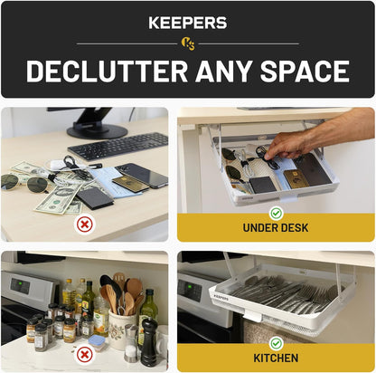 KEEPERS - Under Desk Drawer Slide Out – Metal Under Desk Storage Drawer for Office, Home, RV, Kitchen – Slim Under Table Attachment with Easy DIY Mount - Under Desk Organizer - Fits in 11x10x2In