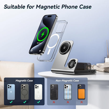 WHJ 5 in 1 Wireless Charging Station for Apple Devices - Mag-Safe Wireless Charger Stand, Magnetic 18W Fast Charger for iPhone 17 Air/16/15/14/13/12 Pro Max, Apple Watch 1-10/Ultra & AirPods(Silver)