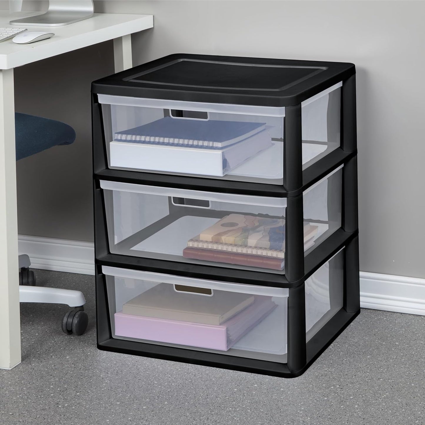 3-Drawer Storage Tower with Removable Clear Plastic Bins, Tool-Free Assembly, Multiple Sizes for Home Office (15.7"W)