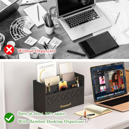WISUCART Bamboo Desk Organizer Mail Holder Countertop Wood Desk Drawer Tabletop Storage Box Pen Holder Letter Sorter Makeup Organizer for School Home Office Supplies with Pen Holder White