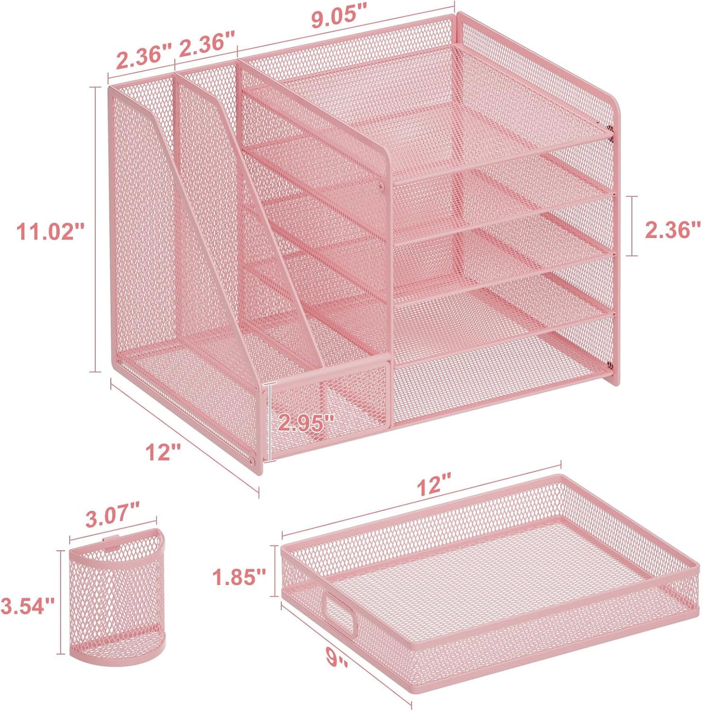 Marbrasse Desk Organizer with File Holder, 5-Tier Paper Letter Tray Organizer with Drawer and 2 Pen Holder, Mesh Desktop Organizer and Storage with Magazine Holder for Office Supplies(Black)