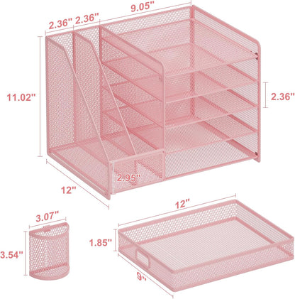 Marbrasse Desk Organizer with File Holder, 5-Tier Paper Letter Tray Organizer with Drawer and 2 Pen Holder, Mesh Desktop Organizer and Storage with Magazine Holder for Office Supplies(Black)