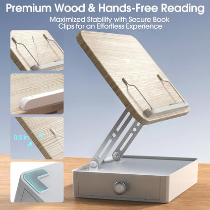 Book Stand with Storage Drawer, Adjustable Wooden Reading Stand for Desk, Ergonomic Height & Angle Book Holder for Textbooks, Cookbooks, Documents (Walnut Finish, 9.8" x 13.8" Large Panel)