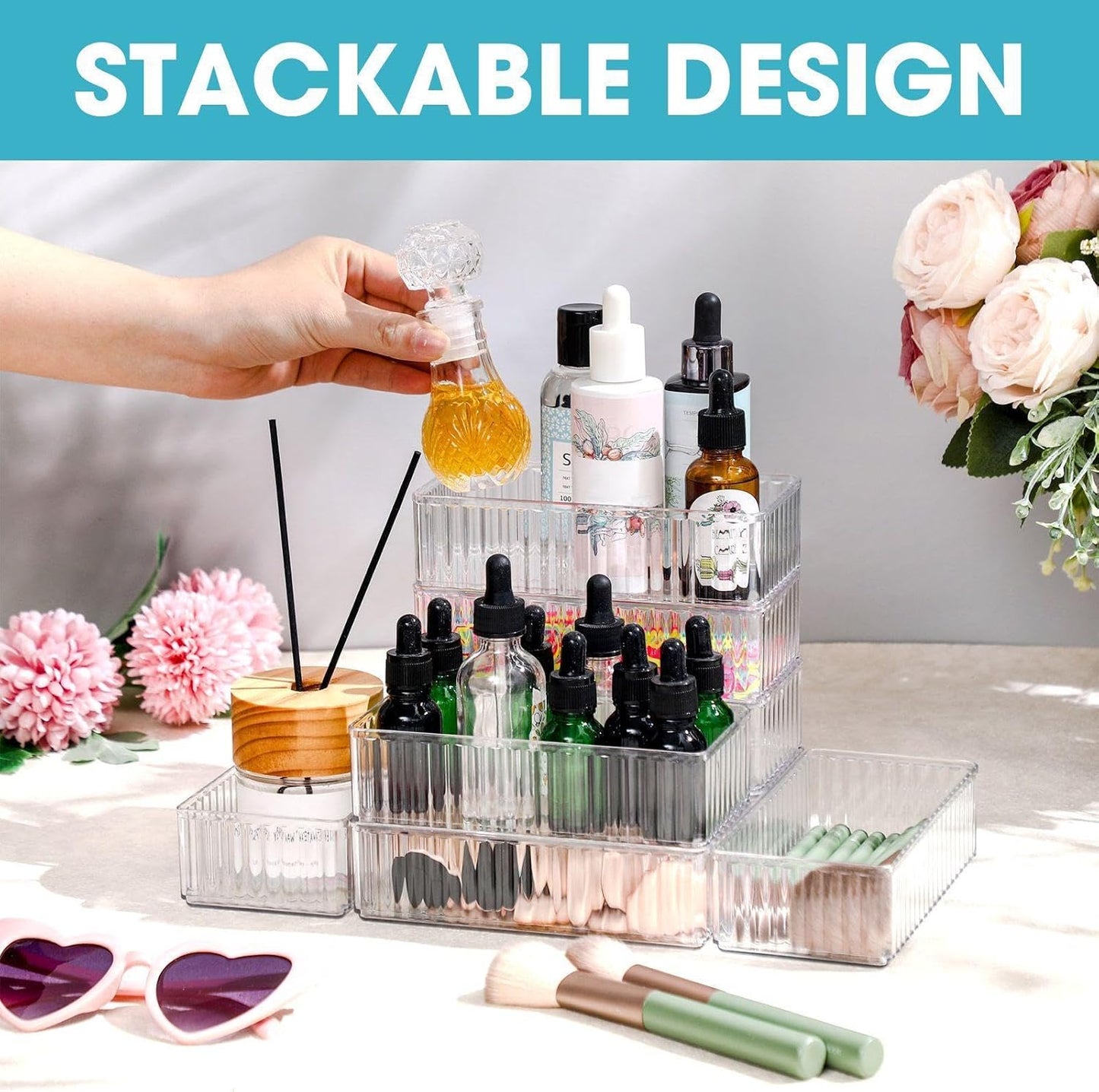 Teenyyou 8 Pcs Clear Drawer Organizers Bins Stackable Makeup and Vanity Organizer Trays Clear Plastic Drawer Organizers Set for Office Desk Dividers(9.9 x 6.3 x 1.8 Inches)