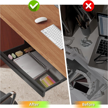 POPMOON 13.8 in Under Desk Drawer For Desk, Pull out Storage Organizer with Slide Extension Mounted Under Flat Wooden Table or Workbench, Carbon Steel Undermount Drawer,Black