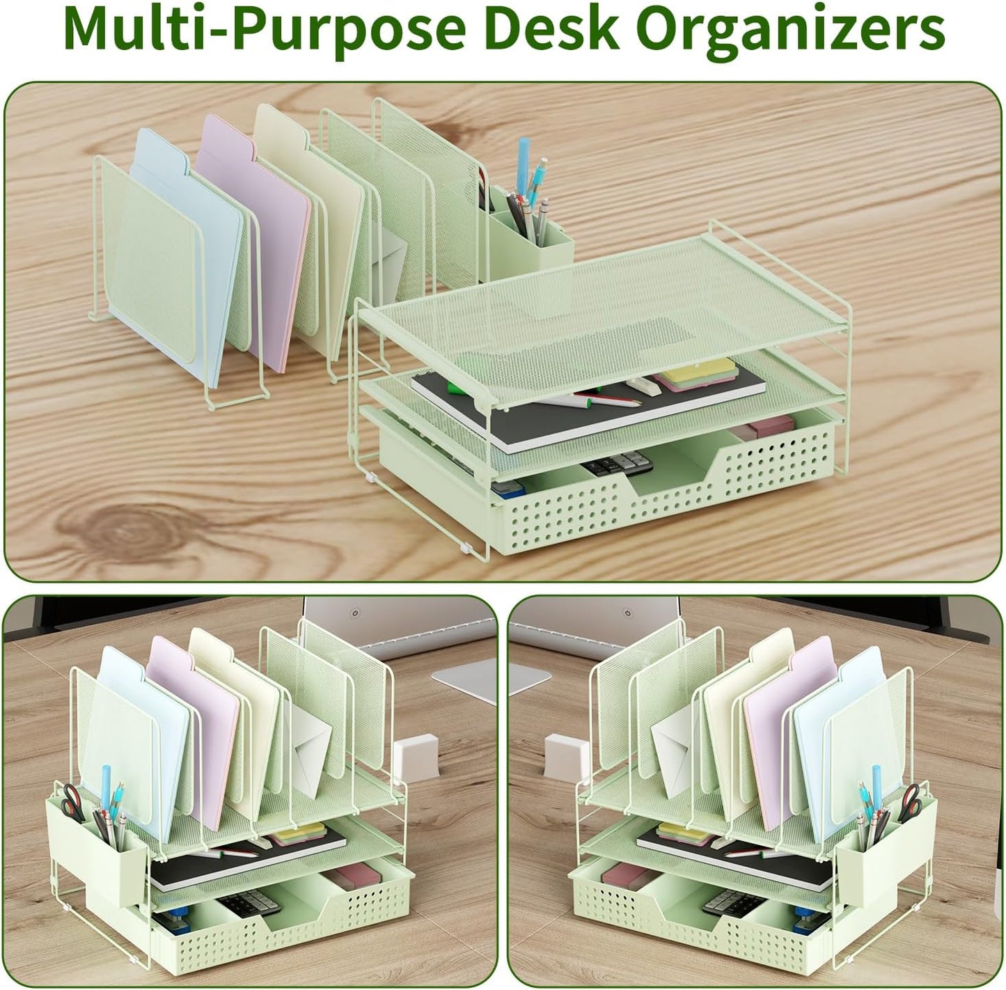 LEKETREE Desk Organizer, Office Organization with Vertical File Holder, File Organizer with Drawer and Pen Holder, Desk Accessories and Workspace Organizers for Home Office (Black)