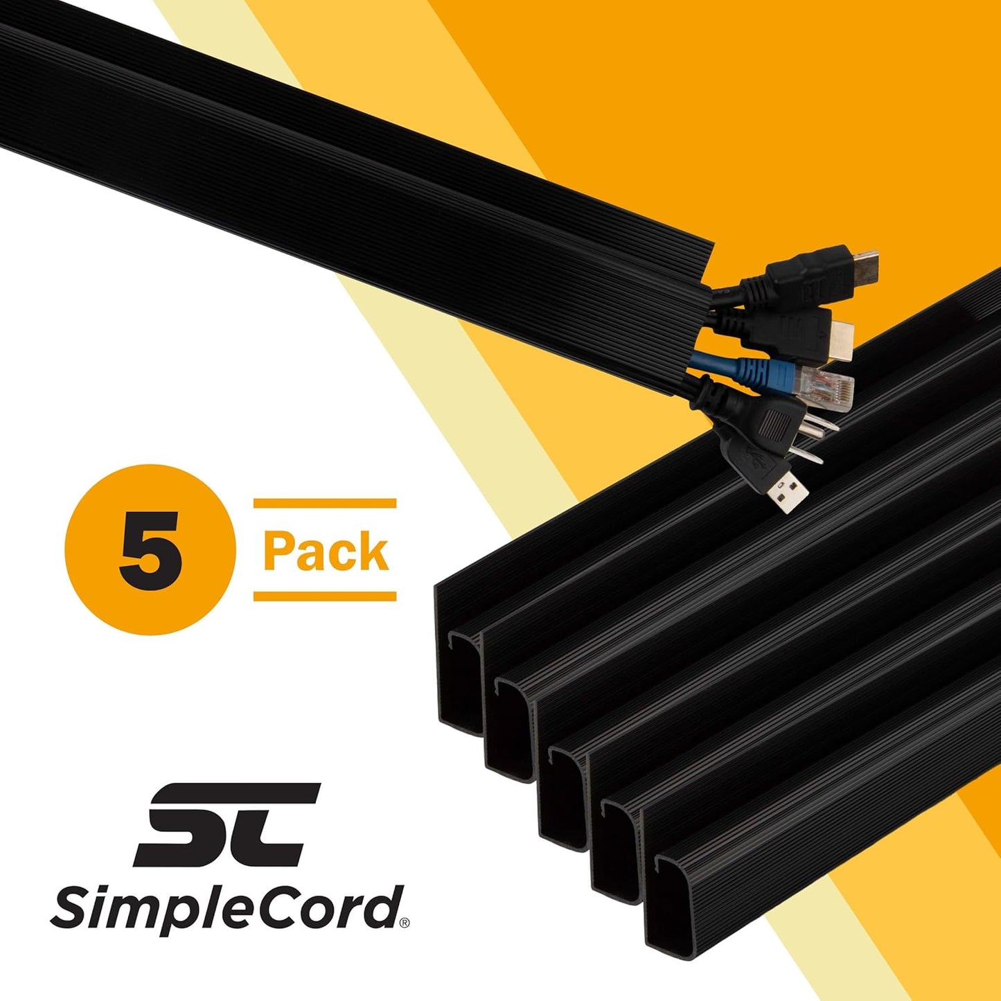 Cable Management Kit - 5-Pack 16-Inch J Channel Wire Organizers for Cords - Easy to Install Cord Hider Kit for Desk, Office, and Kitchen Use - Cable Management Under Desk by Simple Cord (Black)