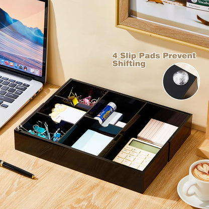 Briwooody 1 Pcs Acrylic Desk Drawer Organizer 9'' up to 16'' x 12'' x 2.2'' Expandable Drawer Organizer Trays with 10 Adjustable Compartments Clear Desk Accessories for Makeup Office Bathroom