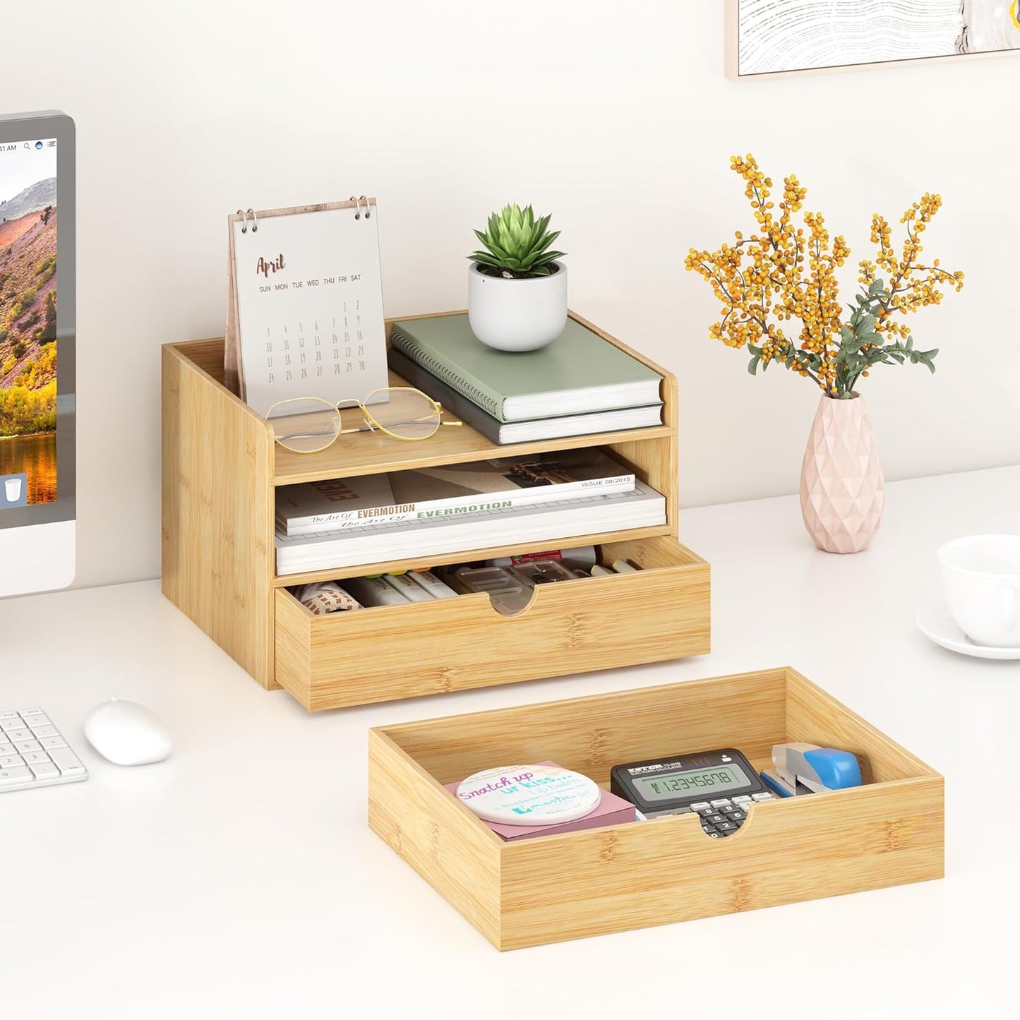 Wisuce Bamboo Desk Organizer - Mini Bamboo Desk Drawer Tabletop Cosmetic Storage Organization for Office or Home Black