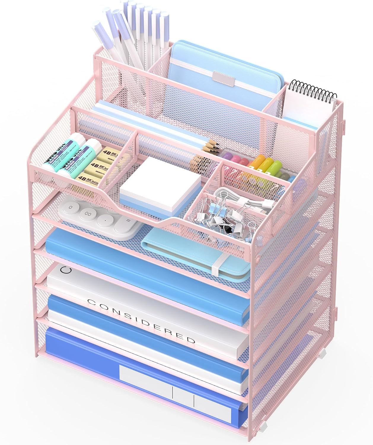5 Tier Mesh Desk Organizer,Multi Functional Letter Paper Tray with 3 Pen Holders and 5 Adjustable Storage Compartments for Office Supplies Files and Mail Space Saving Desktop Organizer-Black