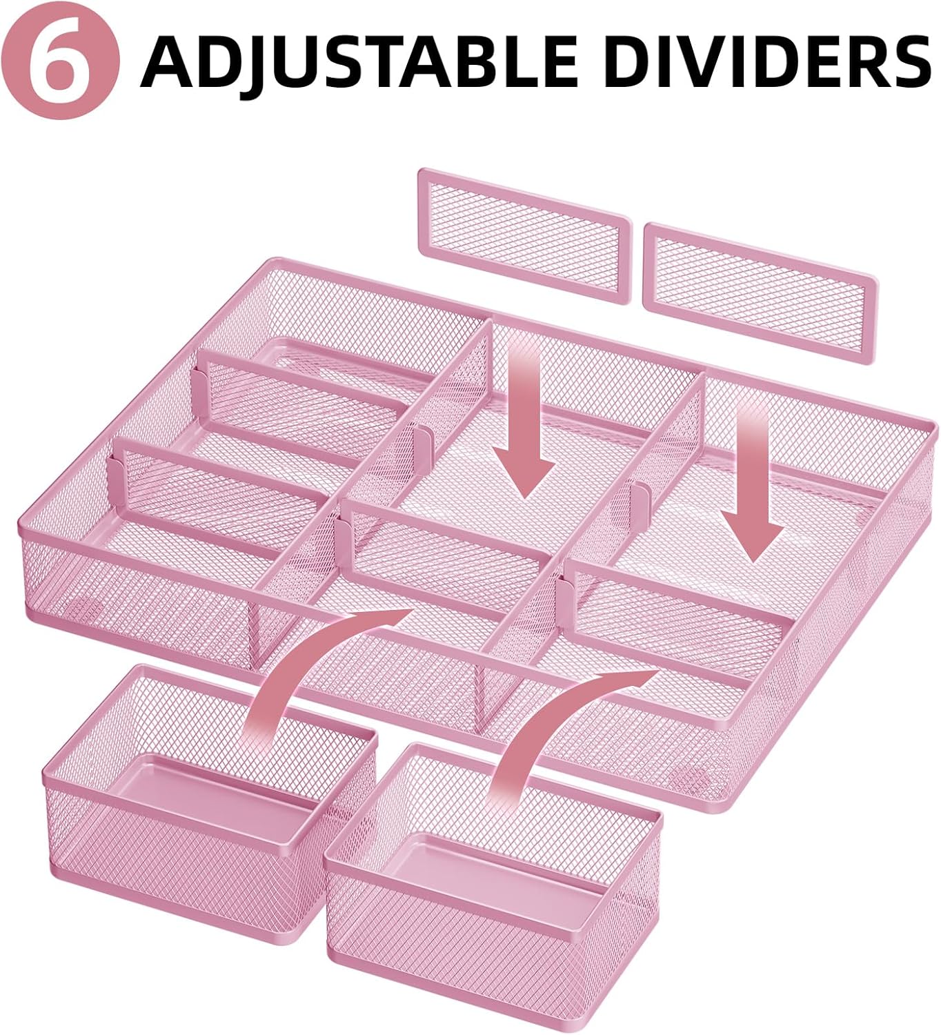 Marbrasse 3 Packs Desk Drawer Organizers, Metal Mesh Dividers Desk Drawer Organizer Tray with 9 Adjustable Compartments, Pen Organizer for Drawer Tray Box Accessories for Desktop,Kitchen, Makeup