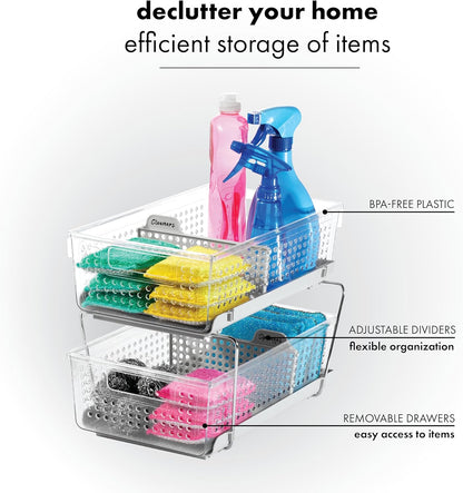 madesmart Two-Tier Bathroom Cabinet Organizer, Sliding Drawer Storage for Bottles, Sponges & Cleaning Supplies, Blue