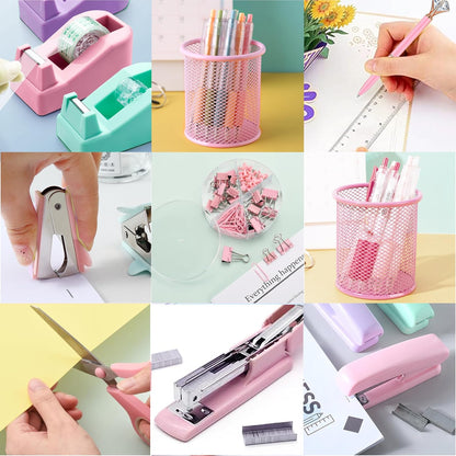 Famassi Rose Gold Desk Accessories，Office Supplies Set Acrylic Stapler Set Staple Remover, Tape Holder, 2 Ballpoint Pen, Scissor, Binder/Paper Clips and 1000pcs Staples.