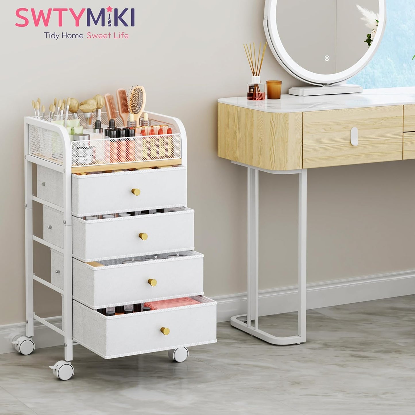 SWTYMIKI Rolling Makeup Organizer Cart - Under Desk Vanity Makeup Storage with 3 Non-woven Drawers, Nail Cart Organizer Cosmetic Display Cases Cabinet for Skin Care Perfume Nail Polish Brush Hair Tool