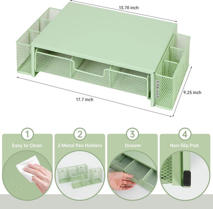 Qupui Computer Monitor Stand Riser with Drawer and Pen Holders, Desk Organizer Shelf and Accessories, Office Desk Accessories, Office Organization, Black