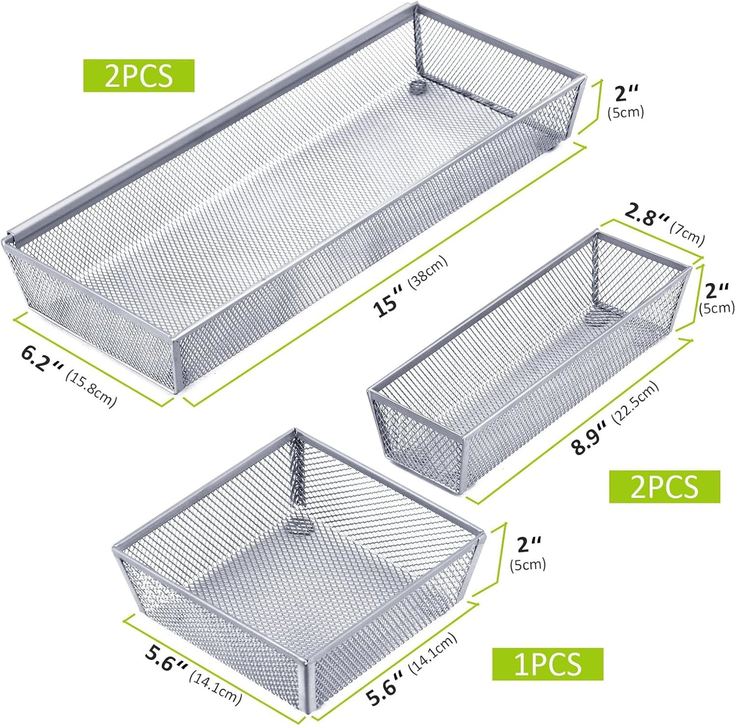 Neudeco Drawer Organizer Set 6 Pack - 5-Compartment Silverware Organizer Tray + 5 Utensil Trays, Kitchen Drawer Organizer for Flatware, Cutlery, Office Supplies, Black Mesh, Non-Slip.