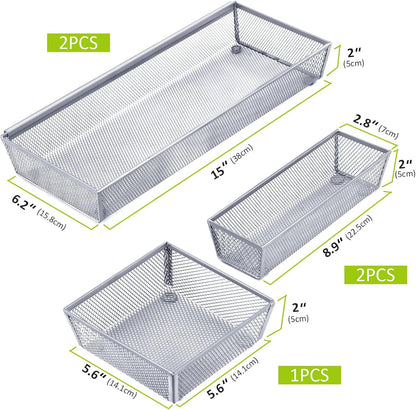 Neudeco Drawer Organizer Set 6 Pack - 5-Compartment Silverware Organizer Tray + 5 Utensil Trays, Kitchen Drawer Organizer for Flatware, Cutlery, Office Supplies, Black Mesh, Non-Slip.