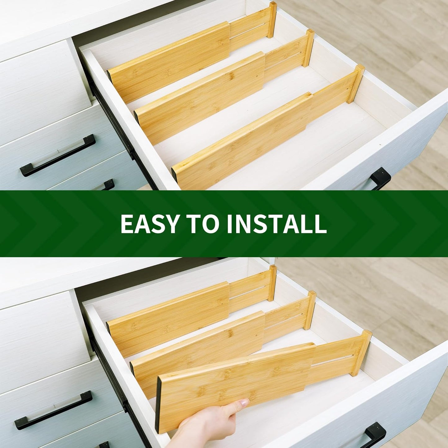 VaeFae Adjustable Bamboo Drawer Dividers, Expandable Drawer Organizer for Kitchen, Bedroom, Bathroom, Dresser and Office, 6-Pack