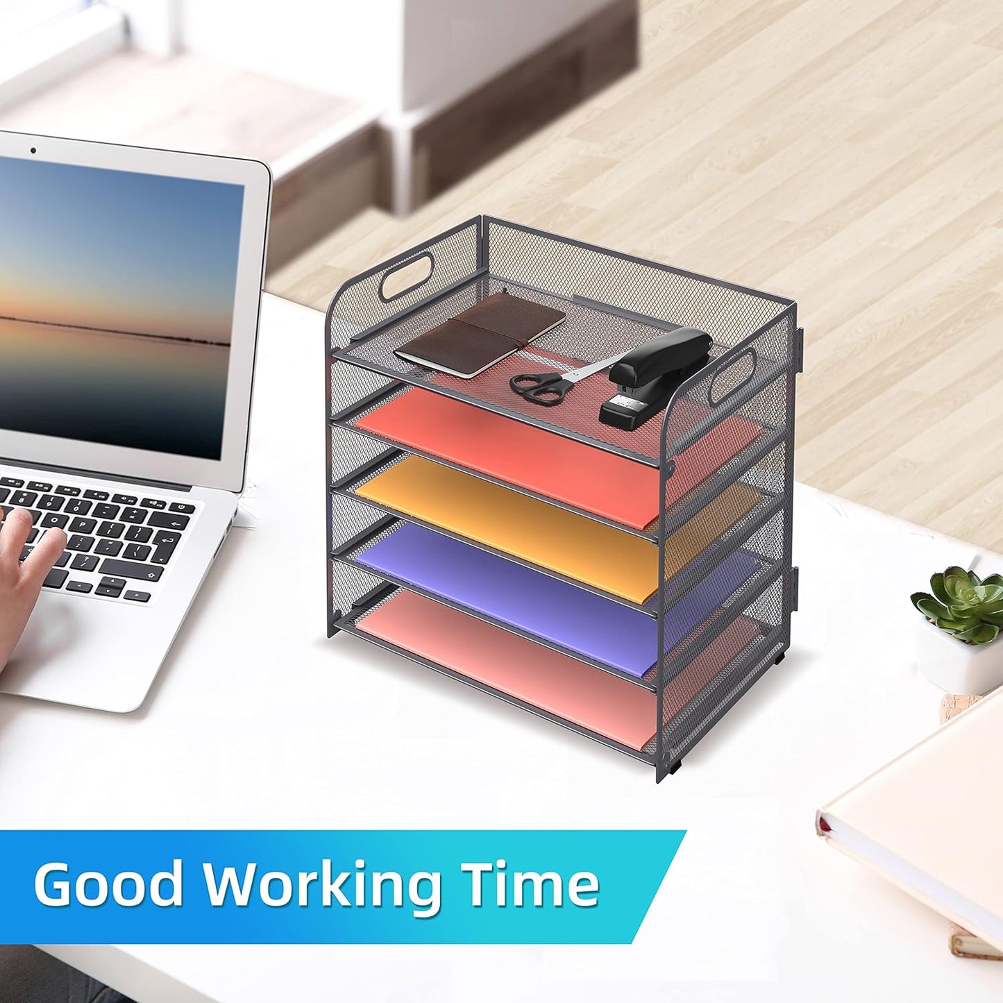 Supeasy 5 Trays Paper Organizer Letter Tray with Handle-Mesh Desk File Holders, Paper Sorter Desk Organizer for Office, Home, Classroom or School, White