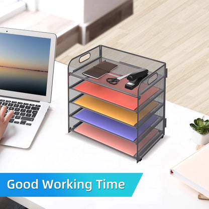 Supeasy 5 Trays Paper Organizer Letter Tray with Handle-Mesh Desk File Holders, Paper Sorter Desk Organizer for Office, Home, Classroom or School, White