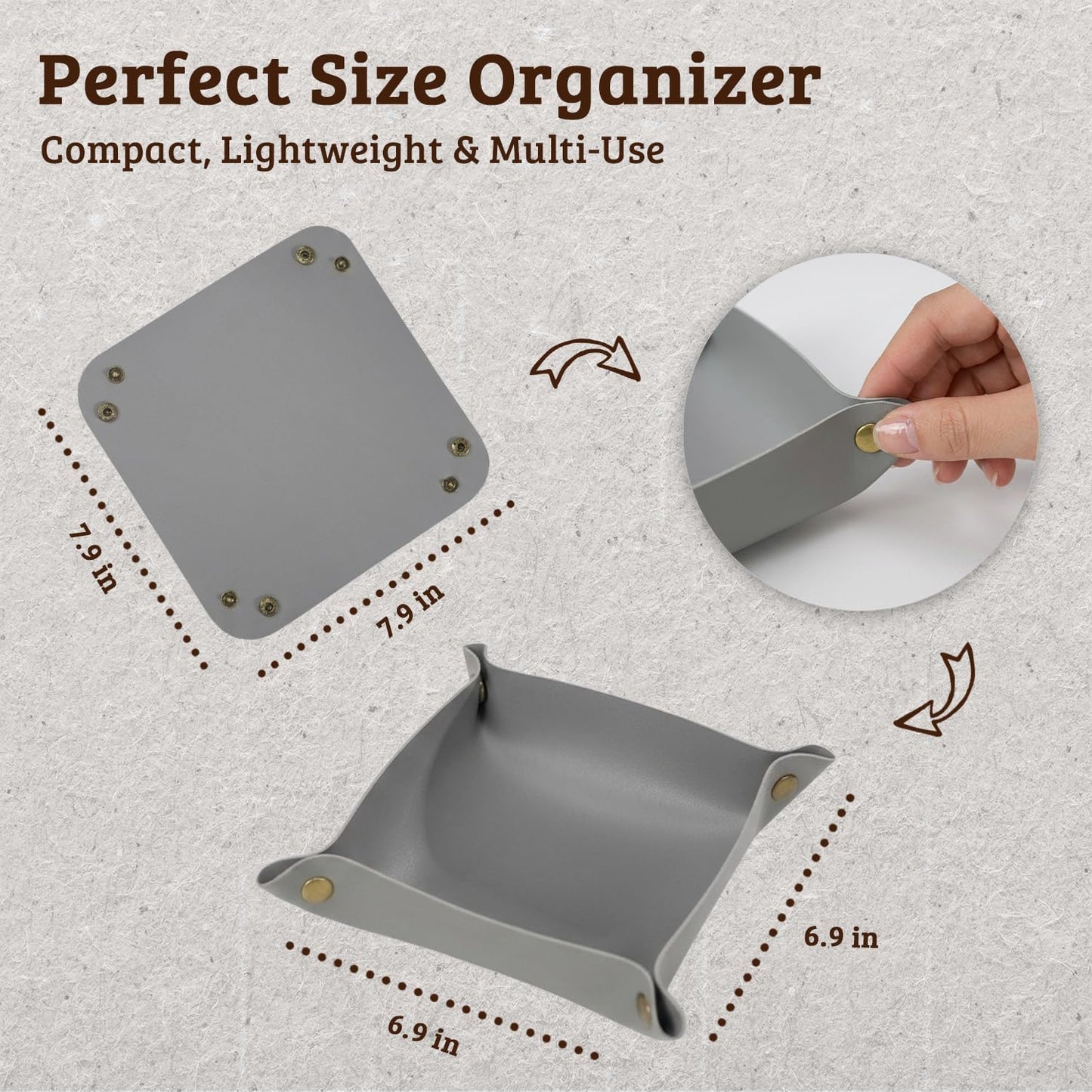 3 PACK PU Leather Jewelry Valet Tray Organizer, Foldable & Portable Catch All Bowl for Entryway Table, Nightstand, Desk & Travel | Storage Dish for Keys, Watch, Coin, Glasses (Brown)