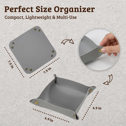 3 PACK PU Leather Jewelry Valet Tray Organizer, Foldable & Portable Catch All Bowl for Entryway Table, Nightstand, Desk & Travel | Storage Dish for Keys, Watch, Coin, Glasses (Brown)