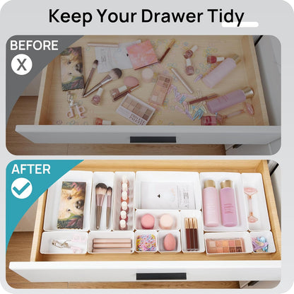 Vtopmart 44 PCS Clear Plastic Drawer Organizers Set, 4-Size Versatile Bathroom and Vanity Organizer Trays, Non-Slip Storage Containers for Makeup, Jewelries, Bedroom，Kitchen Utensils and Office
