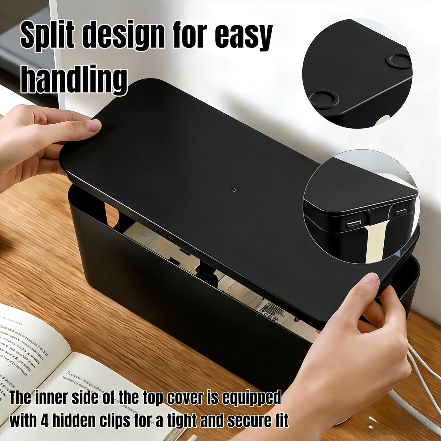 1Large+1Small Cable Organizer Set with 4 Silicone Cable Ties, 2-Piece Cable Management Box, Bamboo Lid Cord Organizer for Home Office,Set of Two Cable Box,Cable Organizer Box(Bamboo lid/White)