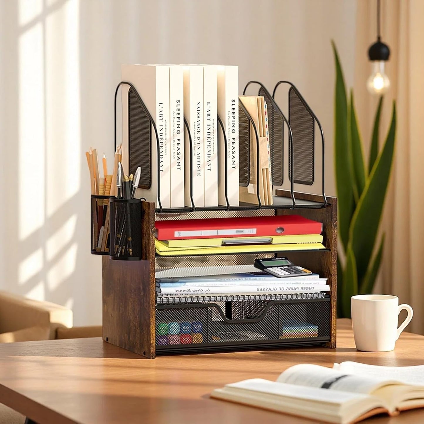 Wood Desk Organizer - 3-Tier Desktop File Organizer with Drawer, Wooden Paper Tray, Office Desk Organzier and Accessories for Papers, Mail, Notebooks, Stationery