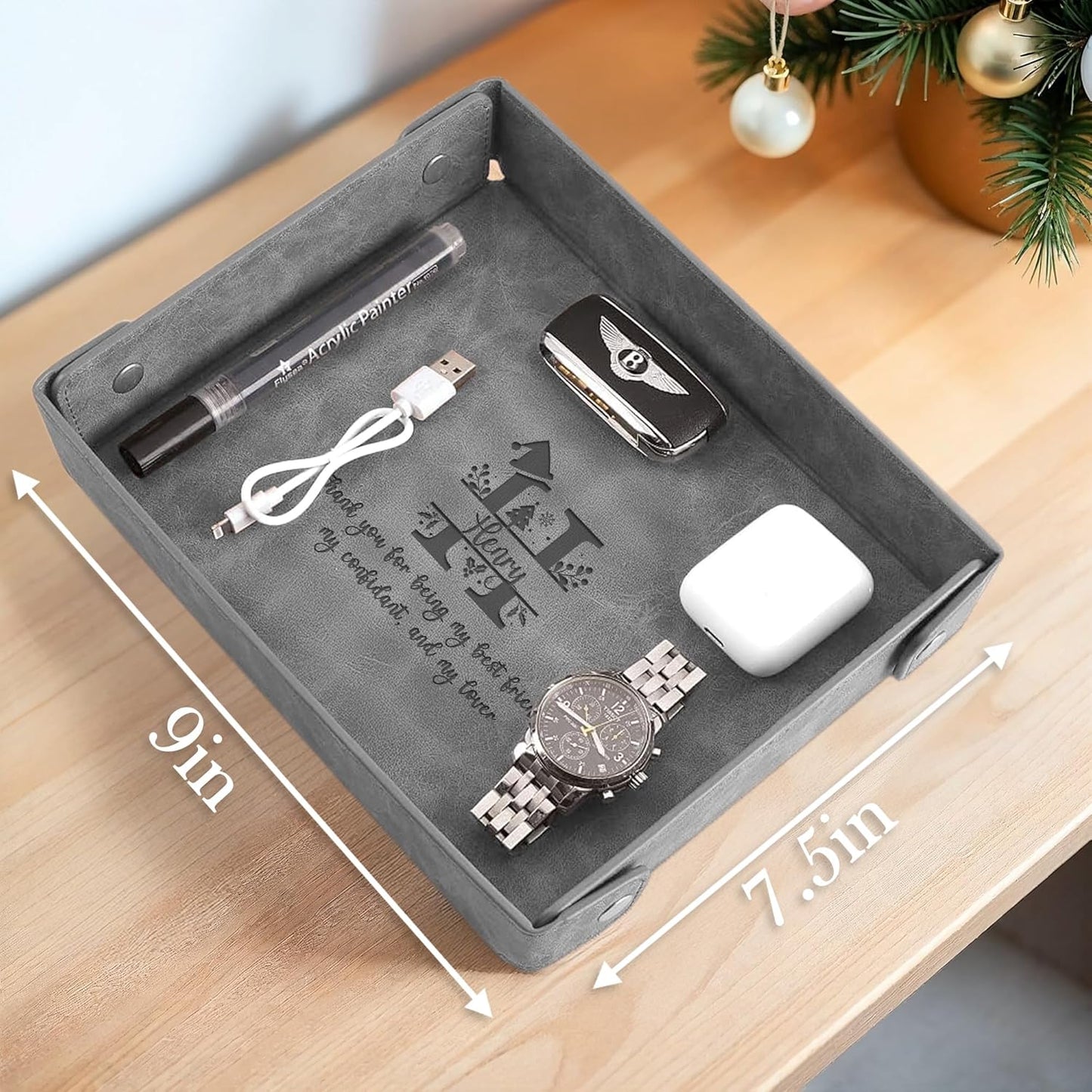 Engraved Leather Valet Tray for Men – Personalized Catchall with Custom Name for Desk, Dresser, Nightstand – Men's Organizer Tray for Keys, Wallet, Jewelry, Personalized Gift for Home, Office - Coffee
