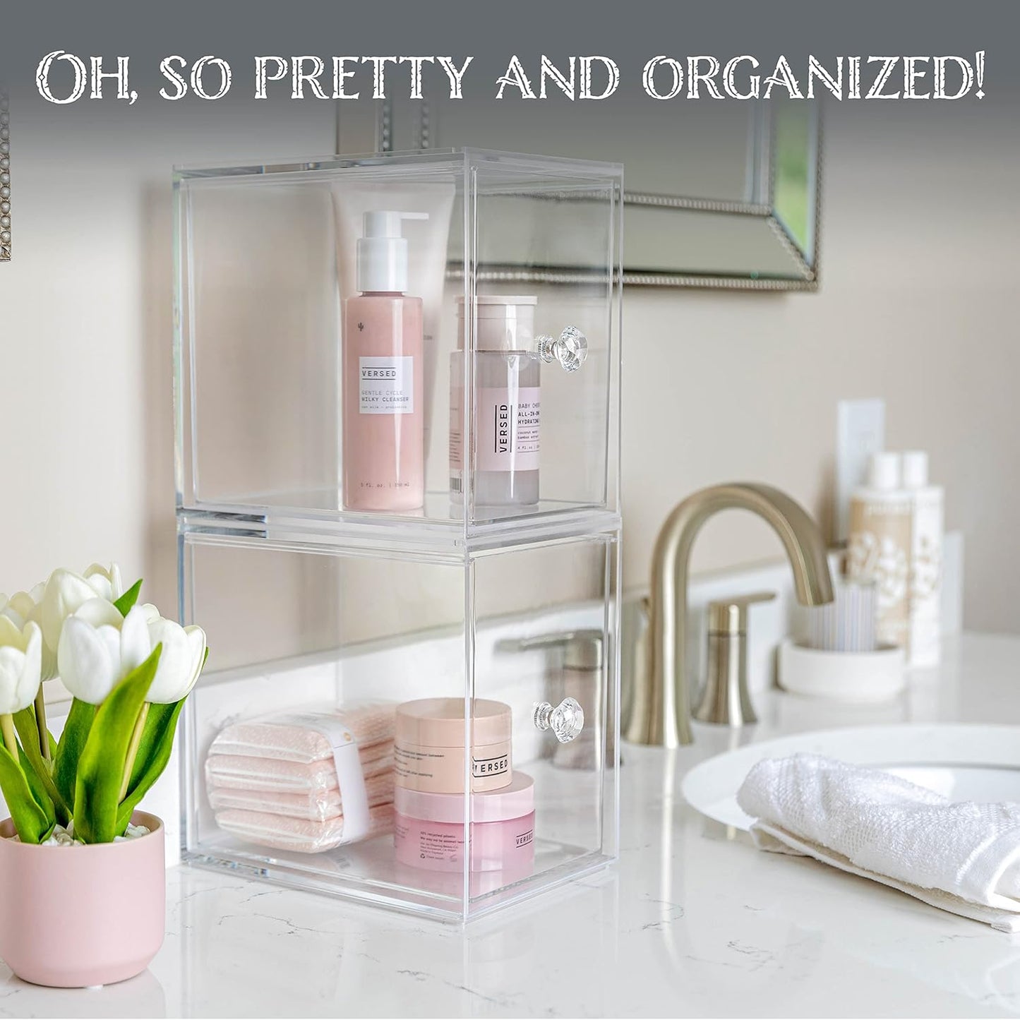 Oizeir Acrylic Drawer Organizer 2-Pack – Clear Stackable Storage Drawers for Makeup, Skincare, Vanity, Bathroom, Under Sink, Kitchen & Office – Non-Slip, Durable, Multi-Purpose Organizer Bins
