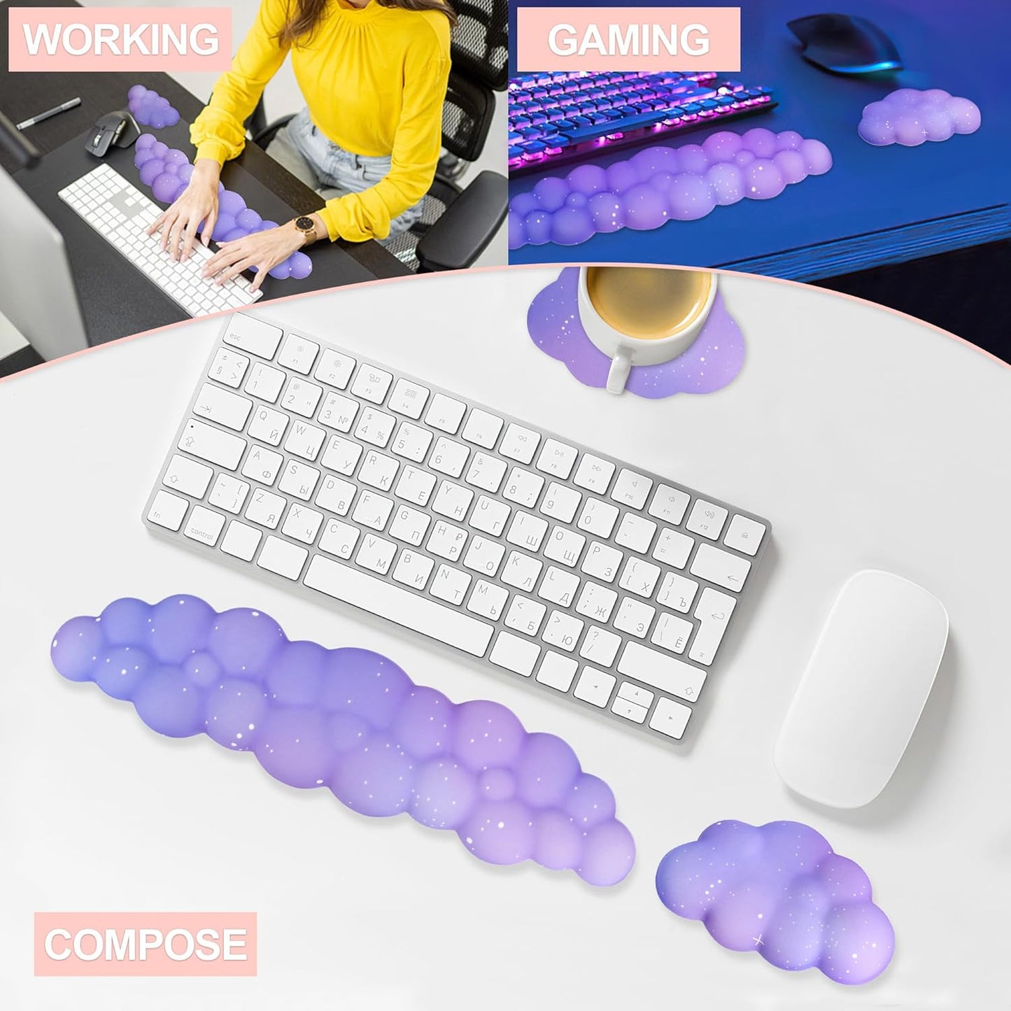 Cloud Wrist Rest Set for Keyboard and Mouse, Includes Cute Coaster, with Computers and Laptops（Purple Star Set）