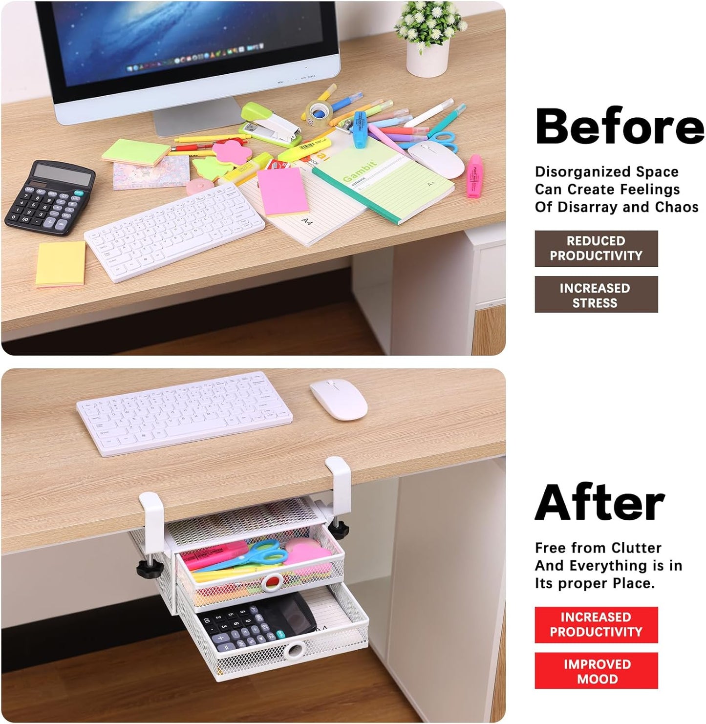 ROSYLINE Under Desk & Desktop Drawer Organizer - 2-Tier Metal Slide Out Drawers Organizer, Storage for Home Office Desk (Black)