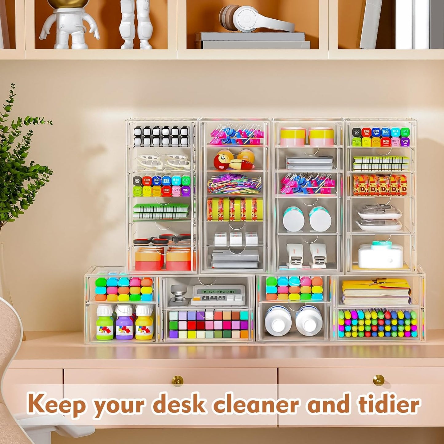 ARSTPEOE Makeup Acrylic Organizer with 17 Drawers(4 Sets), Desk Organizers and Accessories, Clear Makeup Organizer, Dustproof Storage Drawers for Office Art Craft Supplies